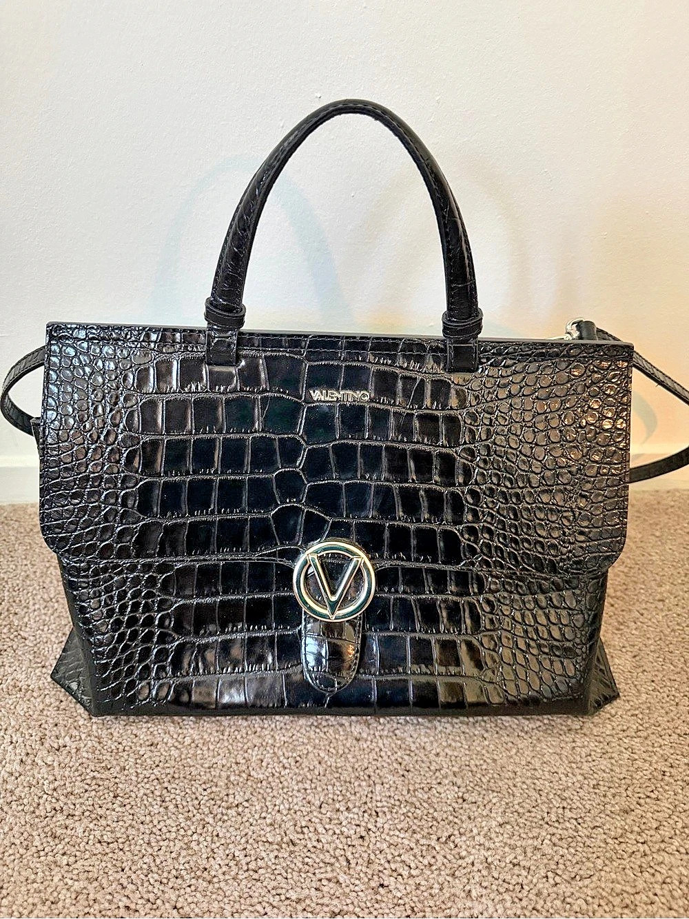 Mario Valentino Black Croc-Embossed Leather Satchel – Made in Italy